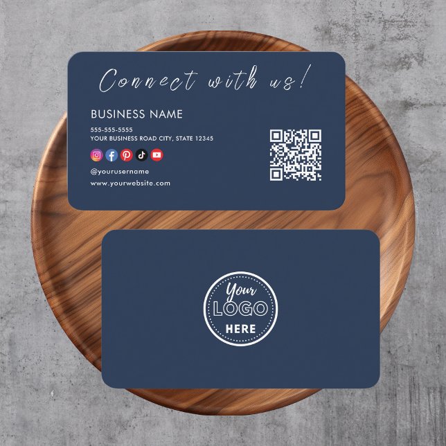 Connect with us Qr Code Social Media Navy Blue Business Card (Creator Uploaded)