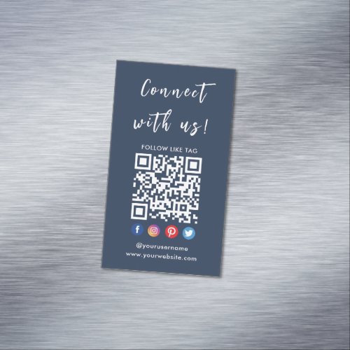 Connect With Us Qr Code Social Media Navy Blue Business Card Magnet