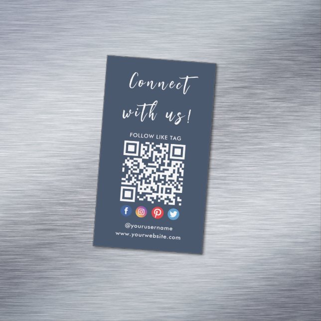 Connect With Us Qr Code Social Media Navy Blue Business Card Magnet (In Situ)