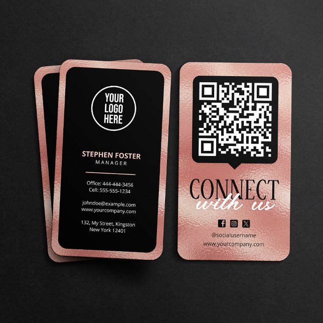 Connect With Us QR Code Social Media Rose Gold Business Card (Creator Uploaded)