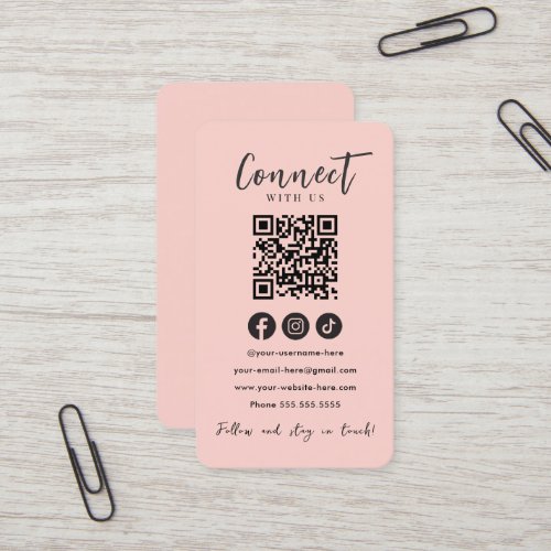 Connect With Us Social Media Blush Pink QR Code Business Card