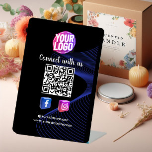 Connect with us Social Media QR Code Black Blue Pedestal Sign