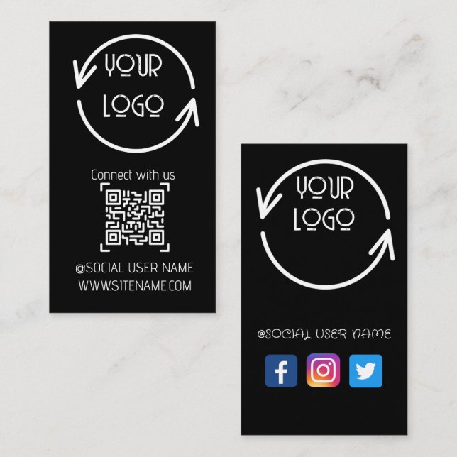 Connect with us,Social Media QR Code Black Busin c Business Card (Front/Back)