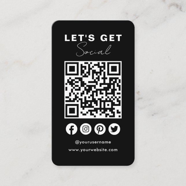 Connect With Us Social Media QR Code Black Business Card (Front)