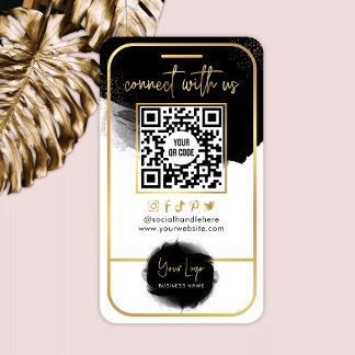Connect With Us Social Media QR Code Black & Gold Business Card