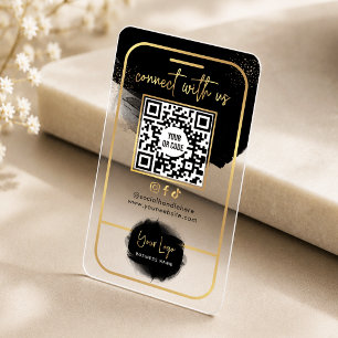 Connect With Us Social Media QR Code Black & Gold Clear Business Cards