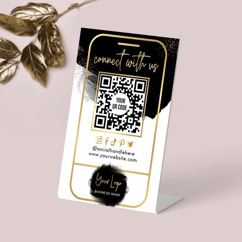 Connect With Us Social Media QR Code Black  Gold Pedestal Sign