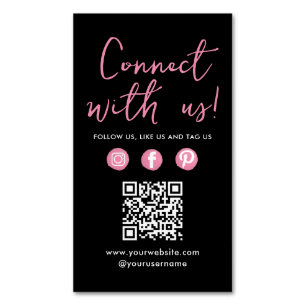 Connect With Us Social Media QR Code Black Pink Business Card Magnet