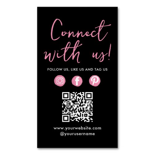 Connect With Us Social Media QR Code Black Pink Business Card Magnet
