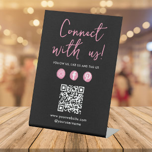 Connect With Us Social Media QR Code Black Pink Pedestal Sign