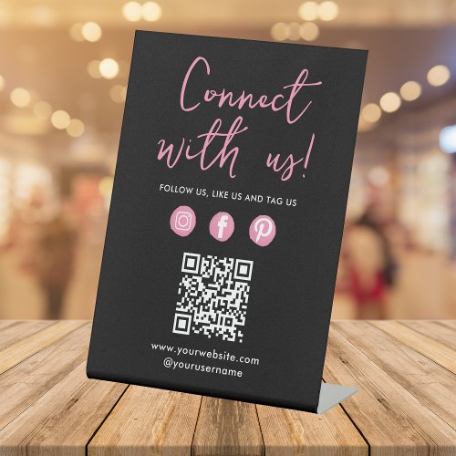 Connect With Us Social Media QR Code Black Pink Pedestal Sign