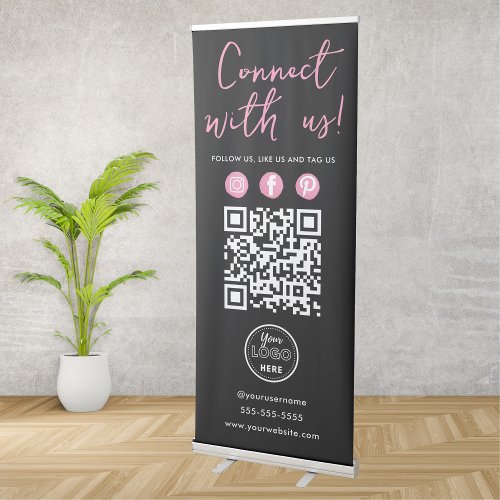 Connect With Us Social Media QR Code Black Pink Retractable Banner