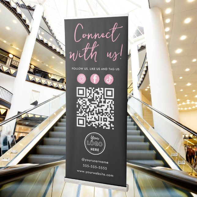 Connect With Us Social Media QR Code Black Pink Retractable Banner (Creator Uploaded)