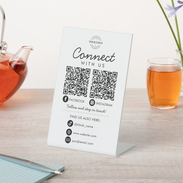Connect with Us Social Media QR Code Company Logo Pedestal Sign (In SItu)