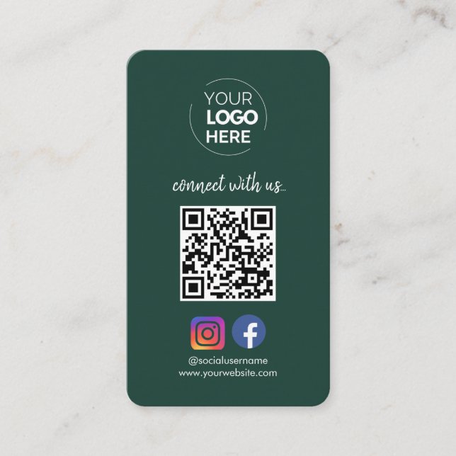 Connect with us | Social Media QR Code Emerald Business Card (Front)