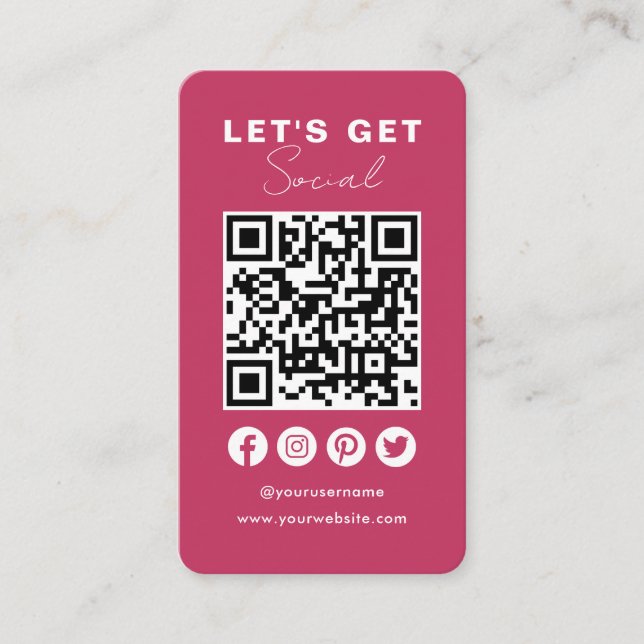 Connect With Us Social Media QR Code Hot Pink Business Card (Front)