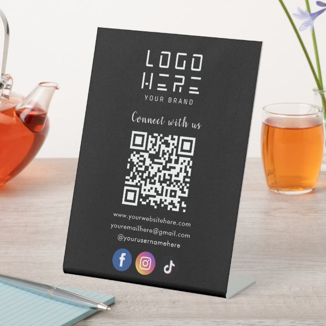 Connect With Us Social Media QR Code Modern Black Pedestal Sign (In SItu)