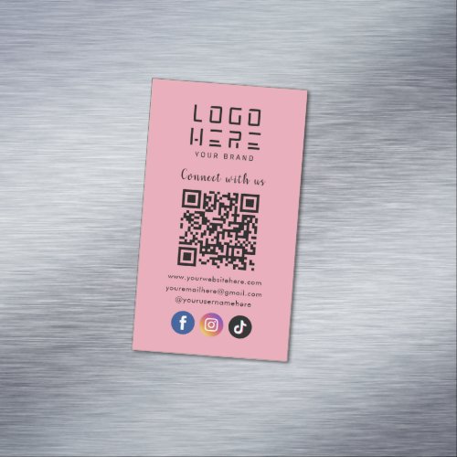 Connect With Us Social Media QR Code Modern Pink Business Card Magnet