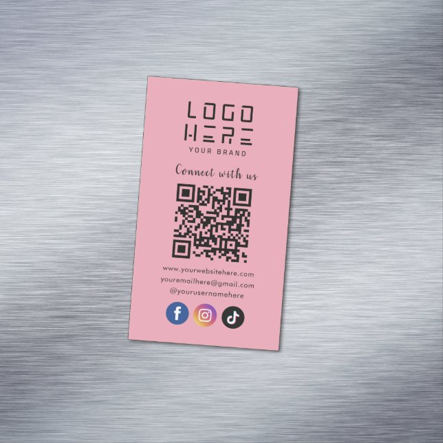 Connect With Us Social Media QR Code Modern Pink Business Card Magnet (In Situ)