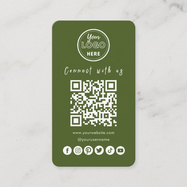 Connect With Us Social Media QR Code Moss Green Business Card (Front)