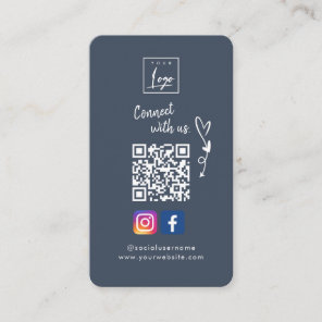 Connect with us | Social Media QR Code navy blue Business Card