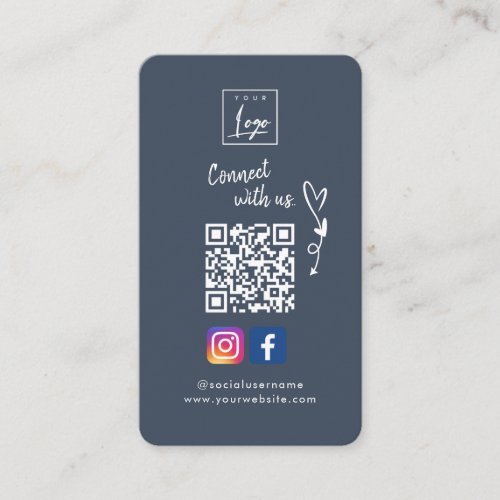 Connect with us  Social Media QR Code navy blue Business Card
