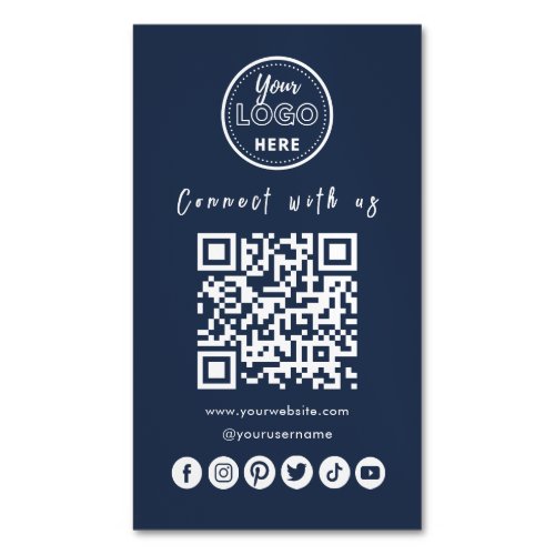 Connect With Us Social Media QR Code Navy Blue Business Card Magnet