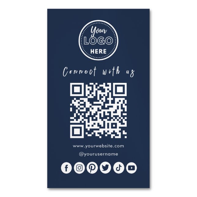 Connect With Us Social Media QR Code Navy Blue Business Card Magnet (Front Vertical)