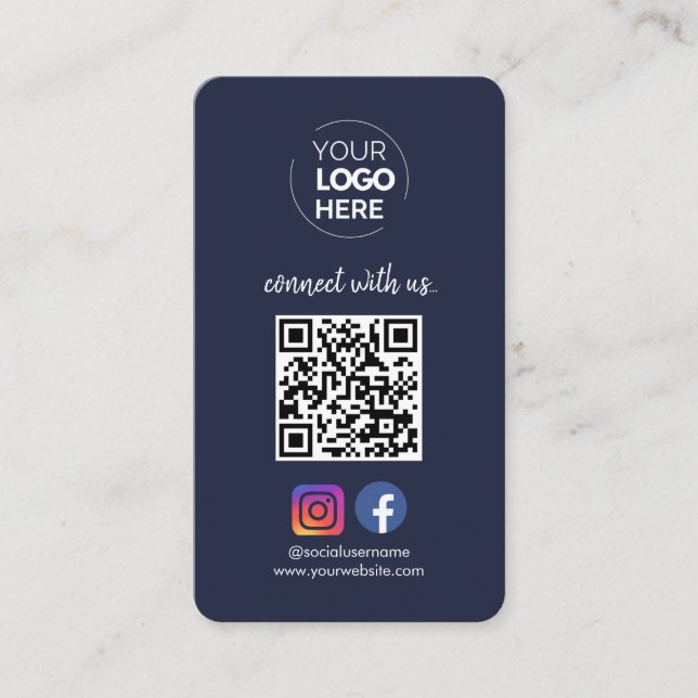 Connect with us | Social Media QR Code Navy Business Card (Front)