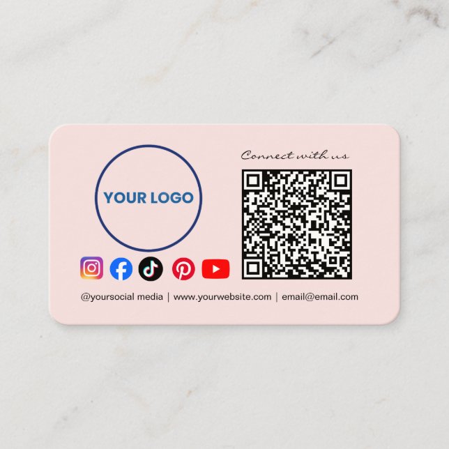 Connect with us Social Media QR Code Pink Business Card (Front)