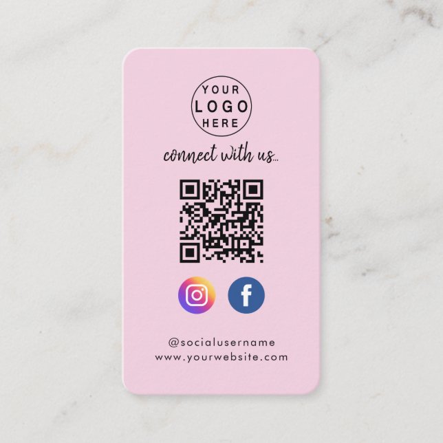 Connect with us | Social Media QR Code Pink  Business Card (Front)