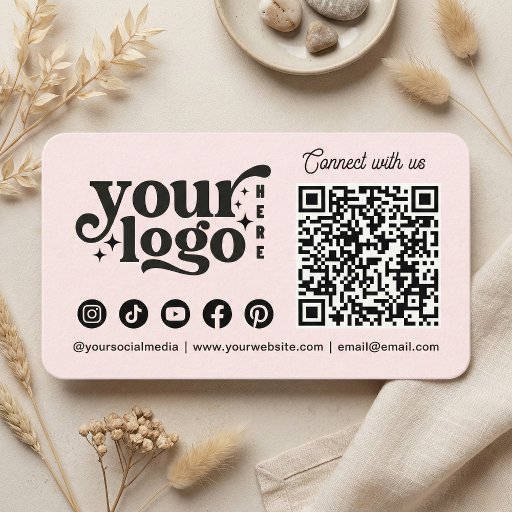 Customizable Connect with us Social Media QR Code Pink Business Card