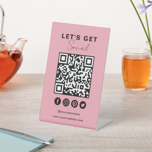 Connect With Us Social Media QR Code Pink Pedestal Sign (In SItu)