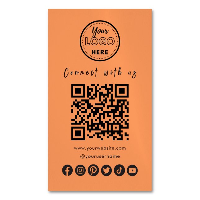 Connect With Us Social Media QR Code Trendy Orange Business Card Magnet (Front Vertical)