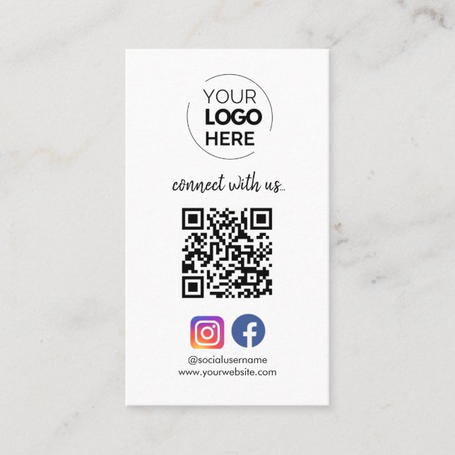 Connect with us | Social Media QR Code White Business Card (Front)