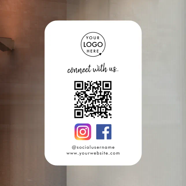 Connect with us | Social Media QR Code White Window Cling | Zazzle