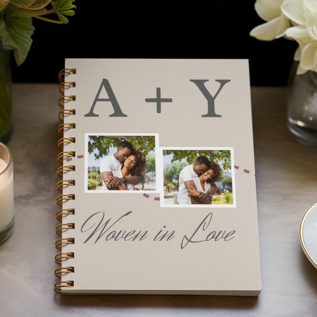 Connected Initials & Storyline Notebook (“Romantic editorial notebook featuring framed photos, monogram initials, and script storyline text.)