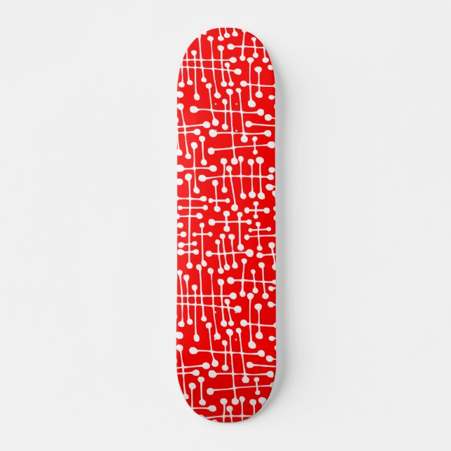 Connected Spots - White on Red Skateboard Deck (Front)