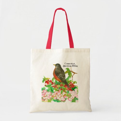 Connecticut American Robin Bird Watercolor Tote Bag