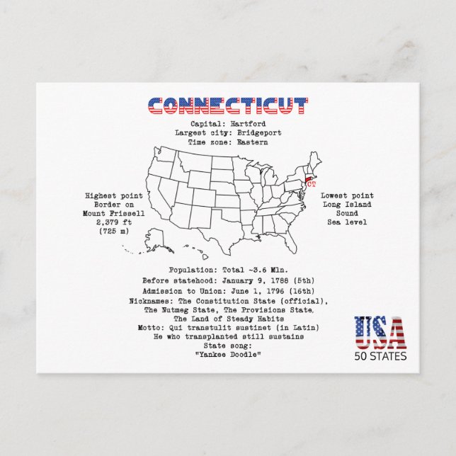 Connecticut American state on a map and details Holiday Postcard (Front)