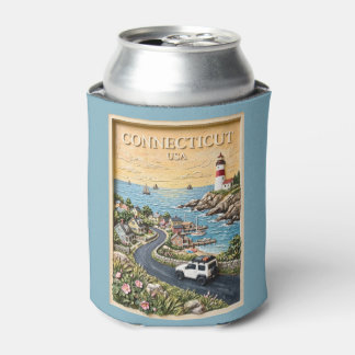 Connecticut Coastal Lighthouse Vintage Road Trip Can Cooler