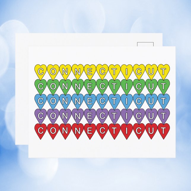 Connecticut Colorful Hearts Postcard (A cute postcard with a colorful heart pattern and the word Connecticut)