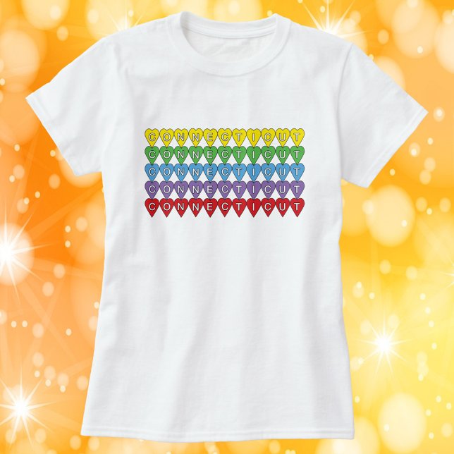 Connecticut Colorful Hearts T-Shirt (A tshirt with a colorful pattern of hearts that say Connecticut)