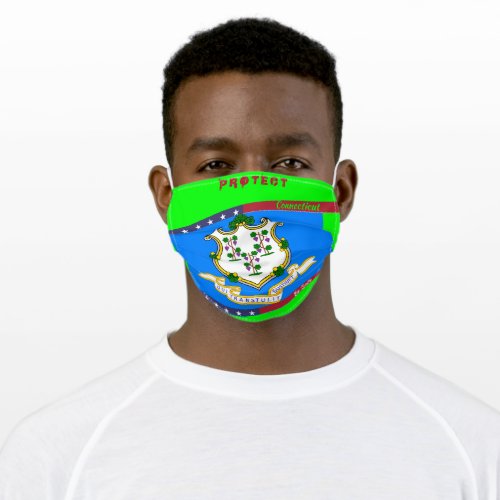 Connecticut flag w Stars Stripes on Lime Green Adult Cloth Face Mask