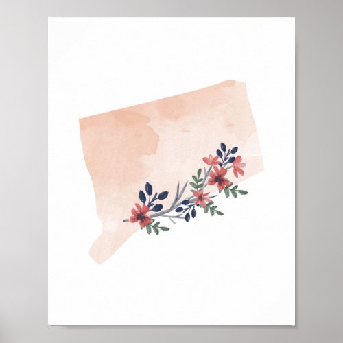 Connecticut Floral Watercolor State Poster