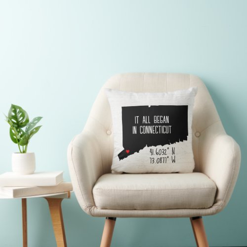 Connecticut GPS Coordinates with Heart Throw Pillow