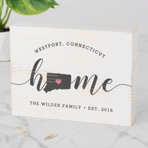Connecticut Home State Rustic Family Name Wooden Box Sign