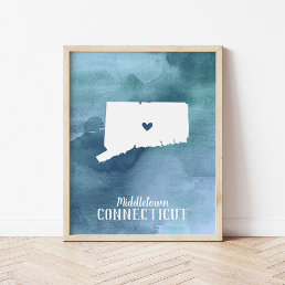 Connecticut Map Blue Watercolor Personalized Art Poster