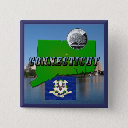 Connecticut Map Text Faux Quarter Flag Scenery Button