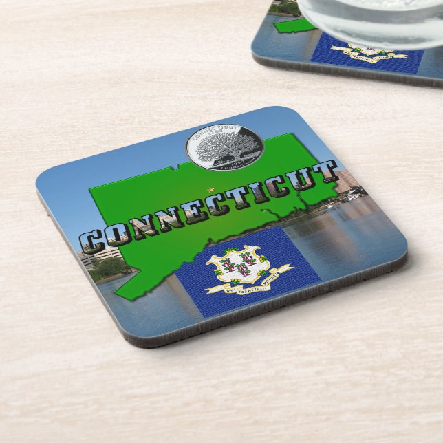 Connecticut' Map, Text, Faux Quarter, Flag Scenery Drink Coaster (Left Side)